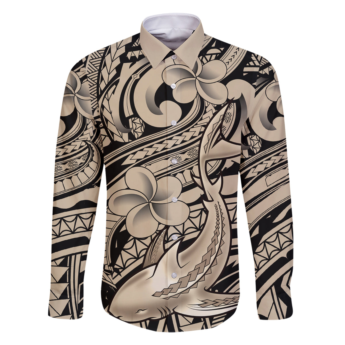 Polynesian Shark Tribal Tattoo Family Matching Off Shoulder Maxi Dress and Hawaiian Shirt Beige Style LT9 Dad's Shirt - Long Sleeve Beige - Polynesian Pride