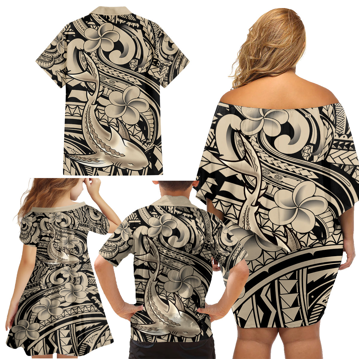 Polynesian Shark Tribal Tattoo Family Matching Off Shoulder Short Dress and Hawaiian Shirt Beige Style
