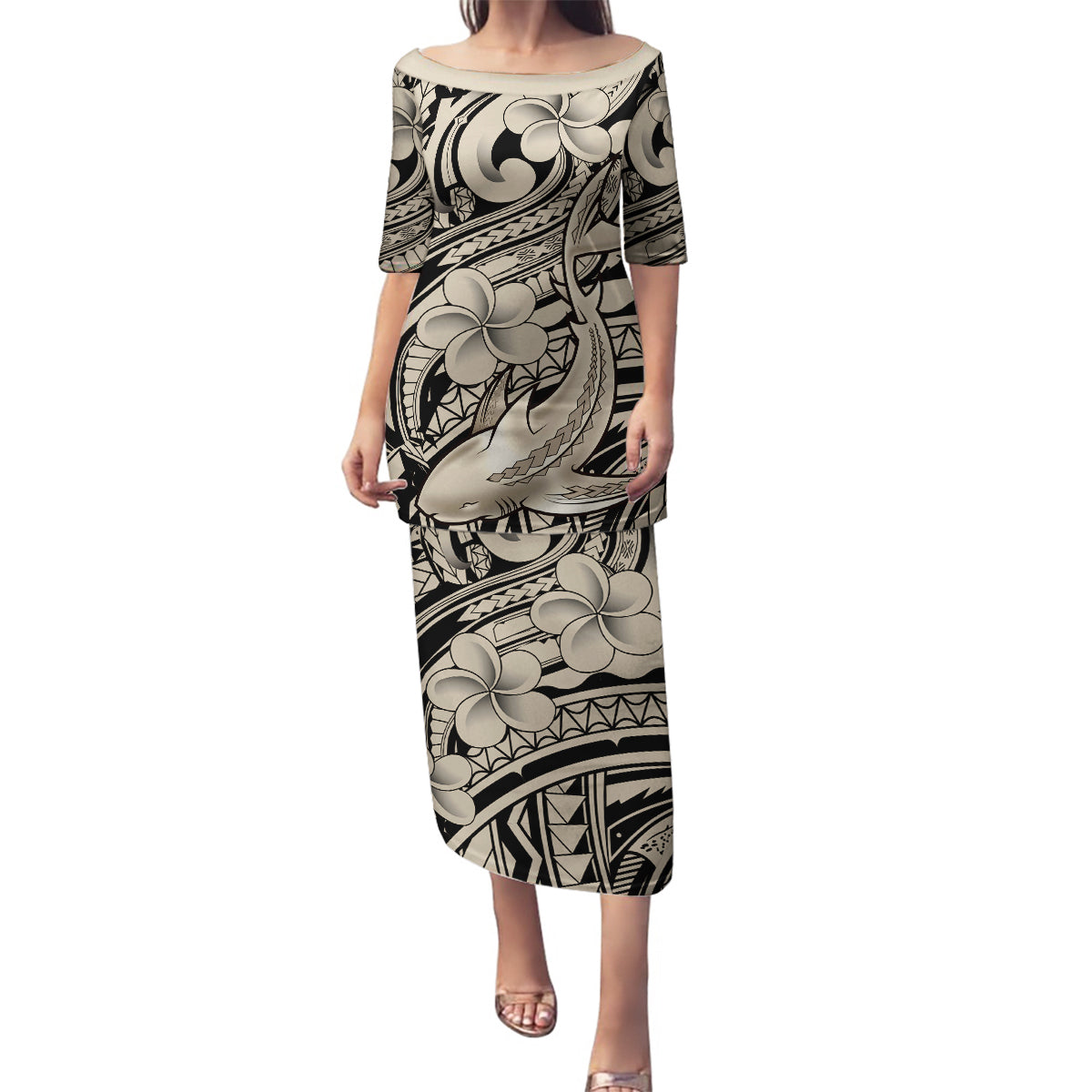 Polynesian Shark Tribal Tattoo Family Matching Puletasi and Hawaiian Shirt Beige Style