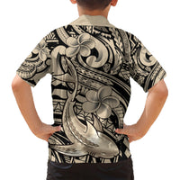 Polynesian Shark Tribal Tattoo Family Matching Short Sleeve Bodycon Dress and Hawaiian Shirt Beige Style