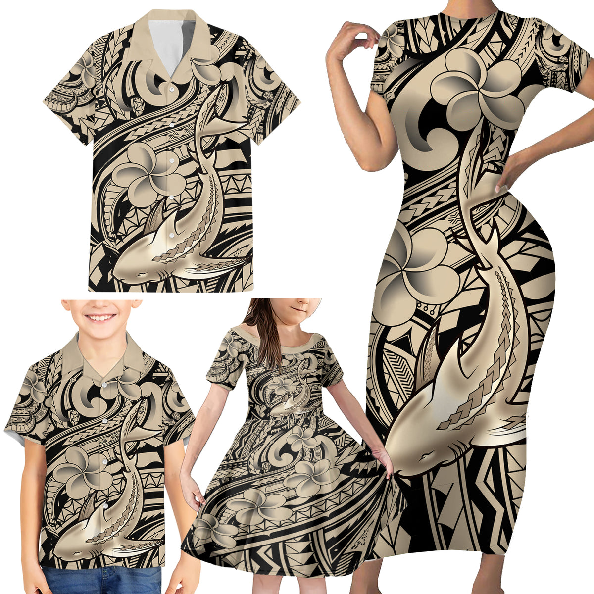 Polynesian Shark Tribal Tattoo Family Matching Short Sleeve Bodycon Dress and Hawaiian Shirt Beige Style
