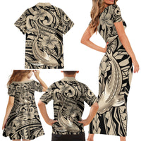 Polynesian Shark Tribal Tattoo Family Matching Short Sleeve Bodycon Dress and Hawaiian Shirt Beige Style