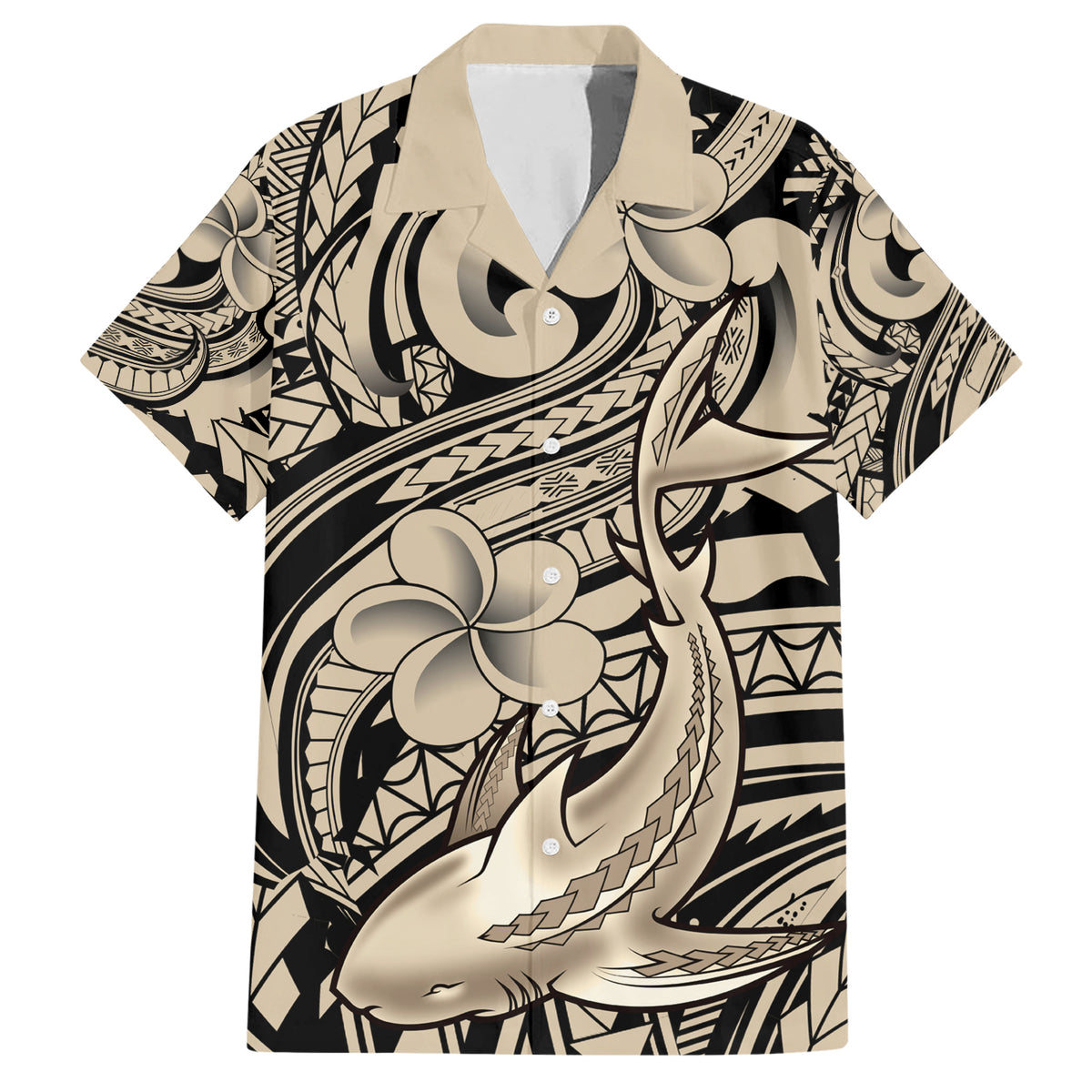 Polynesian Shark Tribal Tattoo Family Matching Short Sleeve Bodycon Dress and Hawaiian Shirt Beige Style