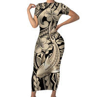 Polynesian Shark Tribal Tattoo Family Matching Short Sleeve Bodycon Dress and Hawaiian Shirt Beige Style