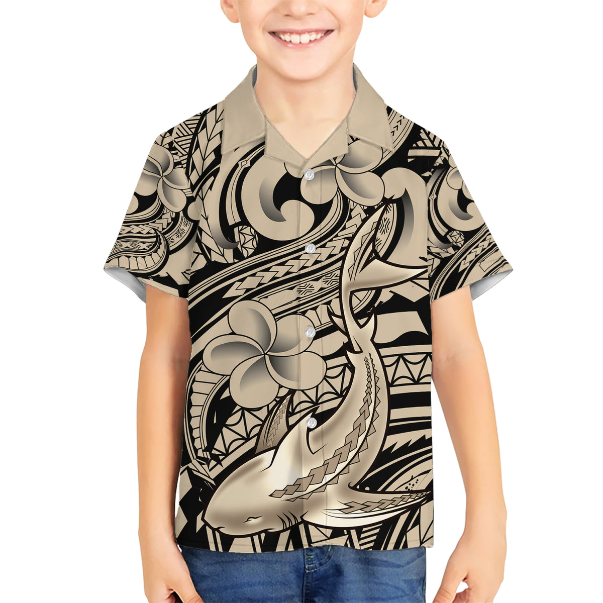 Polynesian Shark Tribal Tattoo Family Matching Short Sleeve Bodycon Dress and Hawaiian Shirt Beige Style