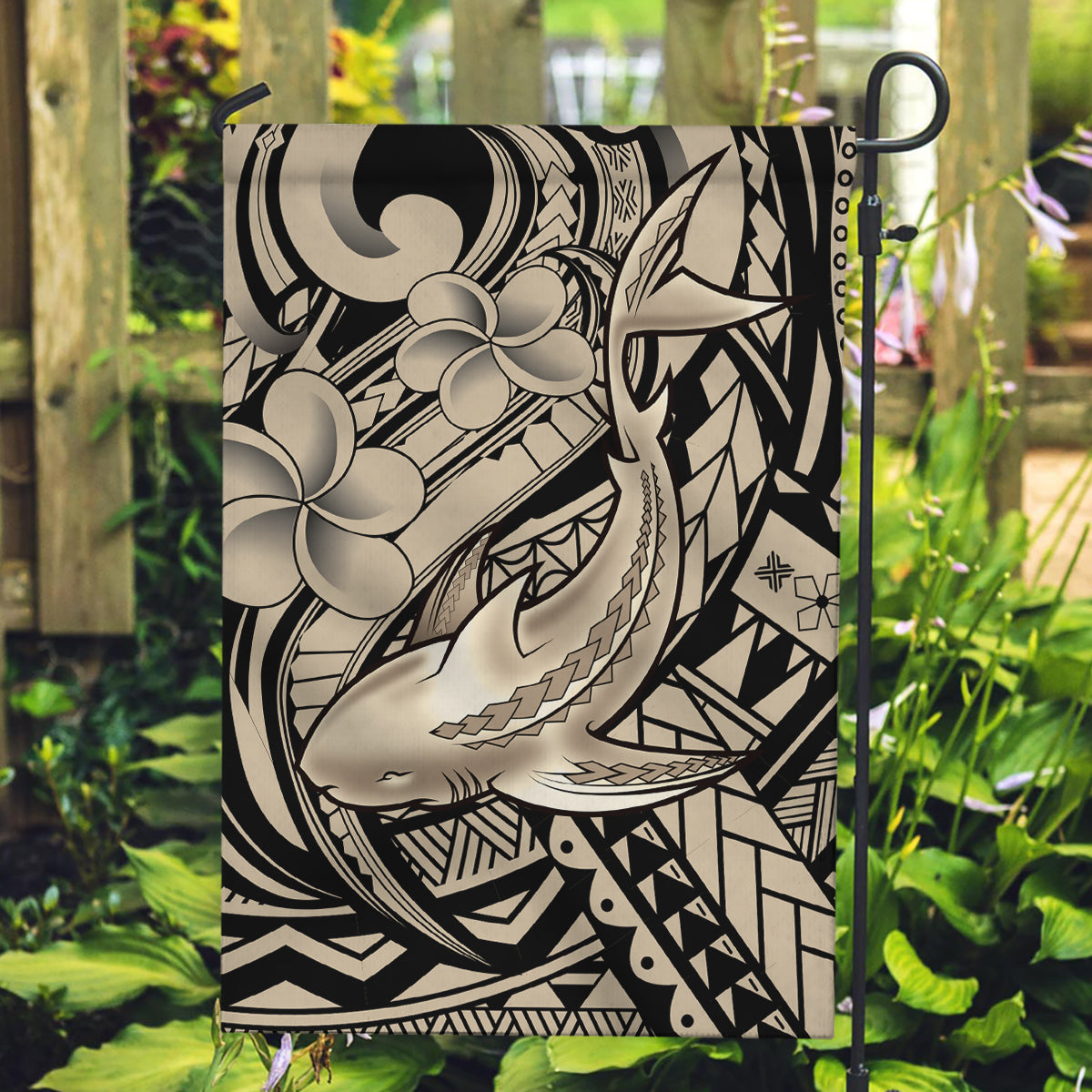 Polynesian Shark Tribal Tattoo Garden Flag Beige Style