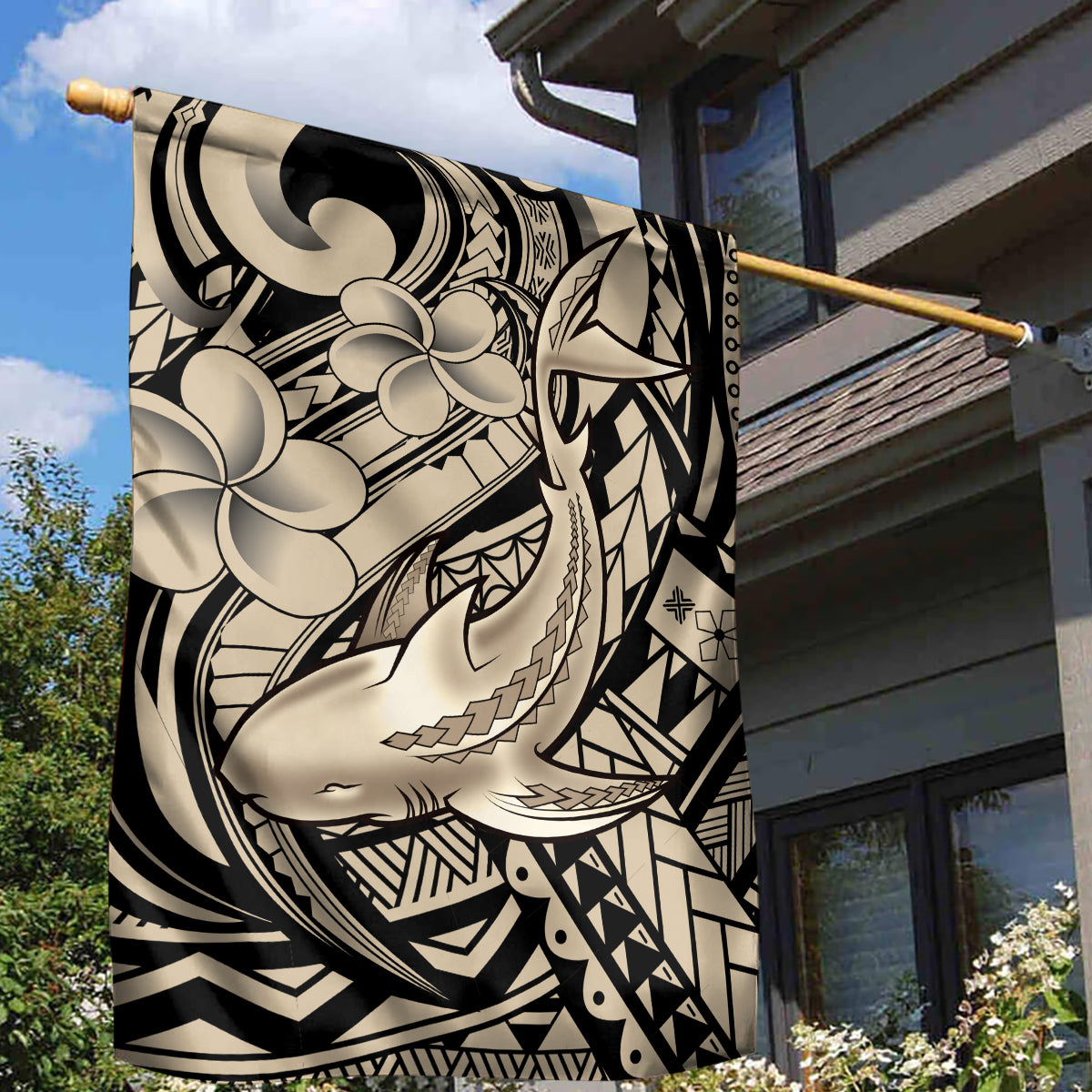 Polynesian Shark Tribal Tattoo Garden Flag Beige Style