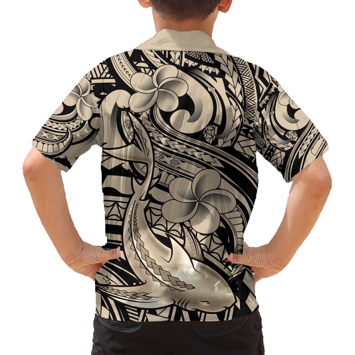 Polynesian Shark Tribal Tattoo Kid Hawaiian Shirt Beige Style