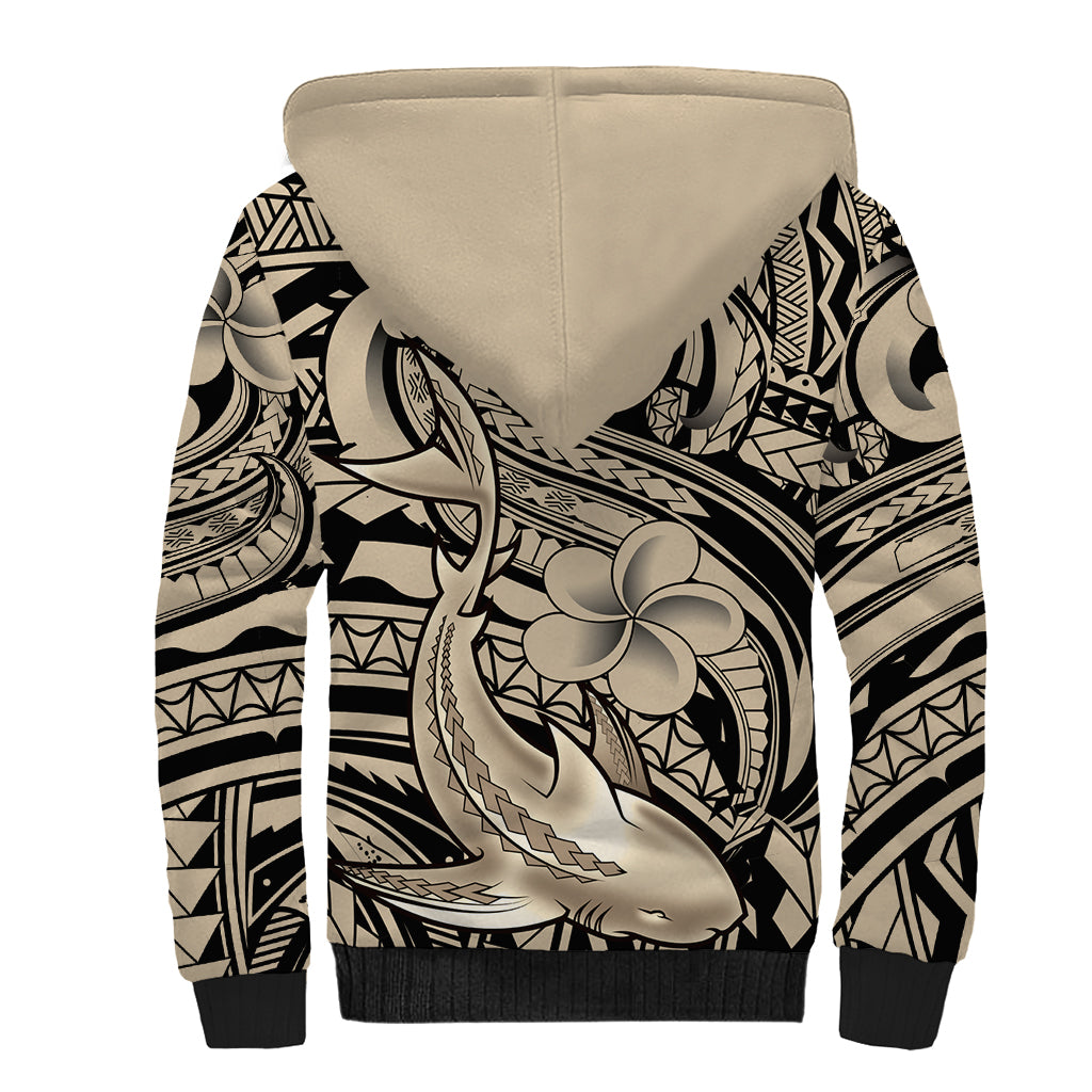 Polynesian Shark Tribal Tattoo Sherpa Hoodie Beige Style