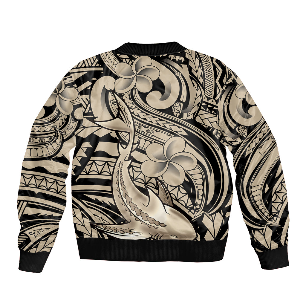 Polynesian Shark Tribal Tattoo Sleeve Zip Bomber Jacket Beige Style