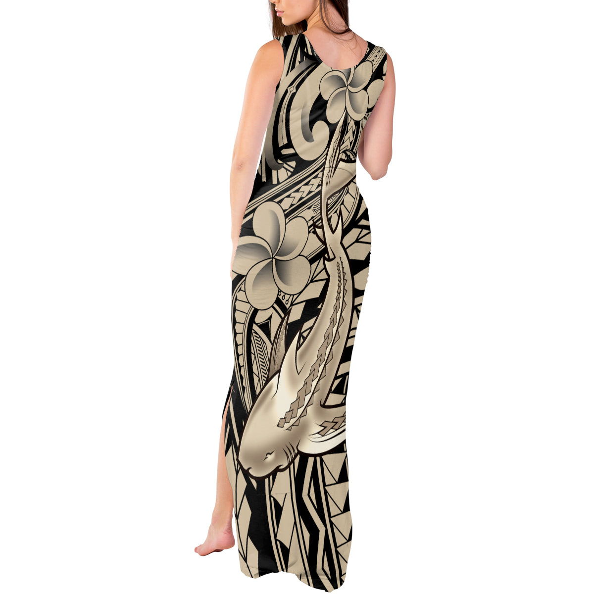 Polynesian Shark Tribal Tattoo Tank Maxi Dress Beige Style