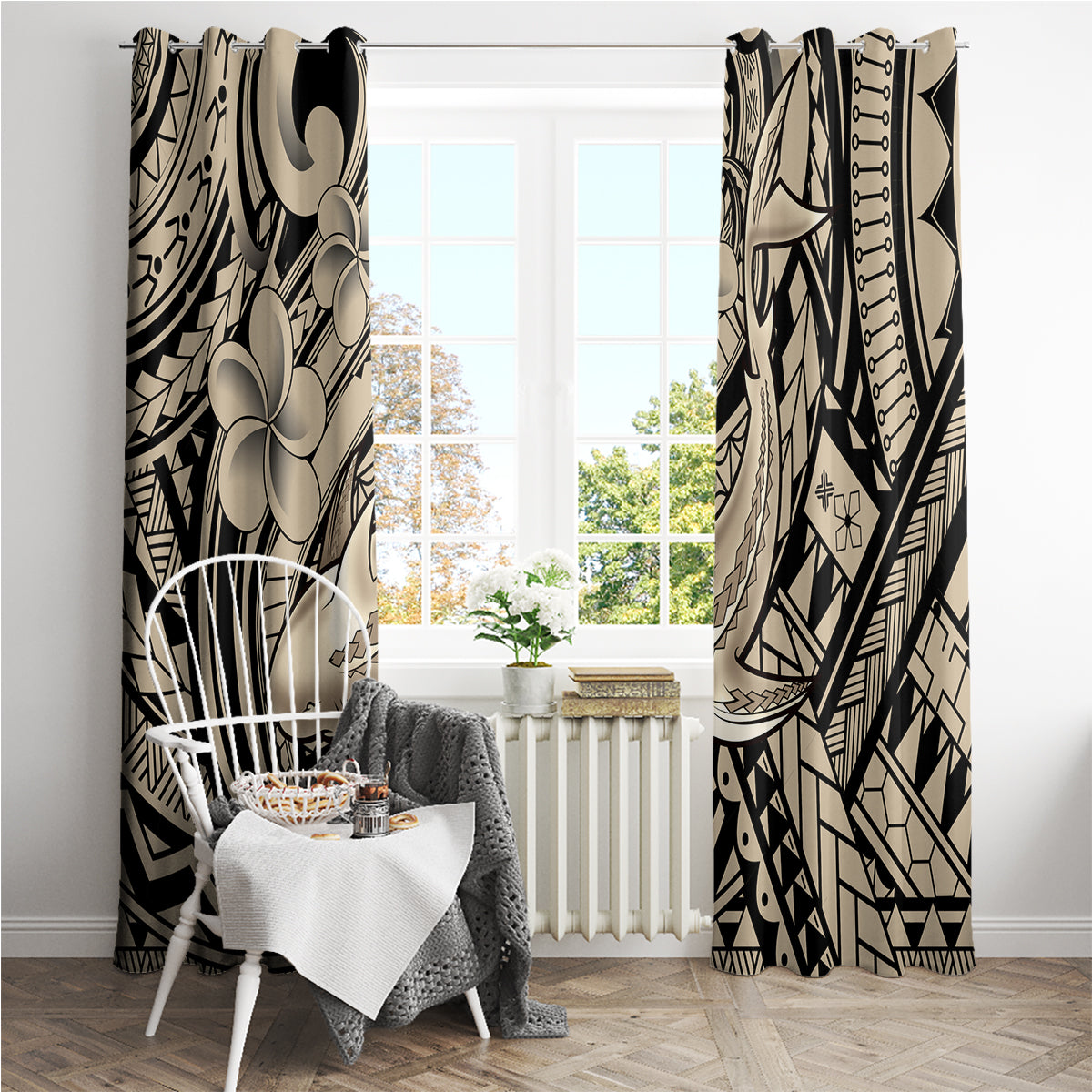 Polynesian Shark Tribal Tattoo Window Curtain Beige Style