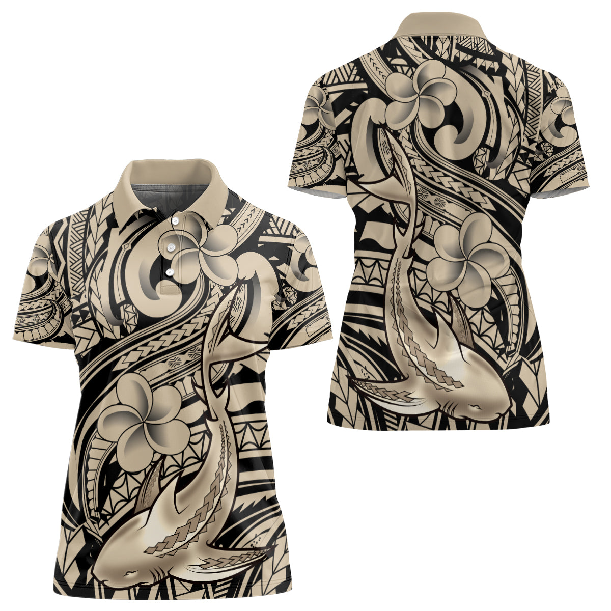 Polynesian Shark Tribal Tattoo Women Polo Shirt Beige Style
