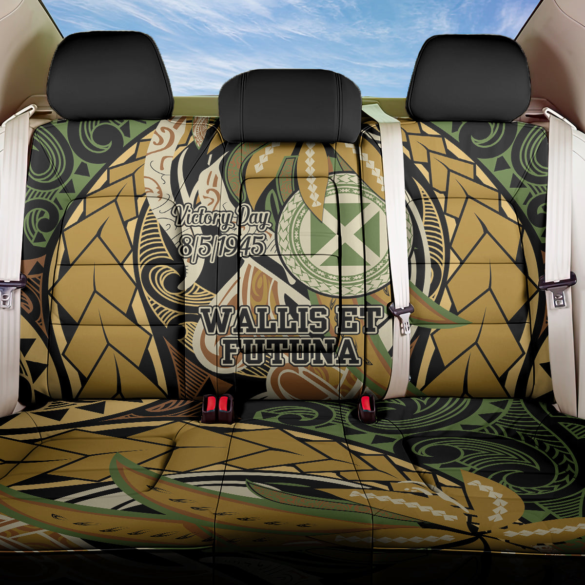Wallis and Futuna Victory Day Back Car Seat Cover Since 1945 with Polynesian Platinum Floral Tribal