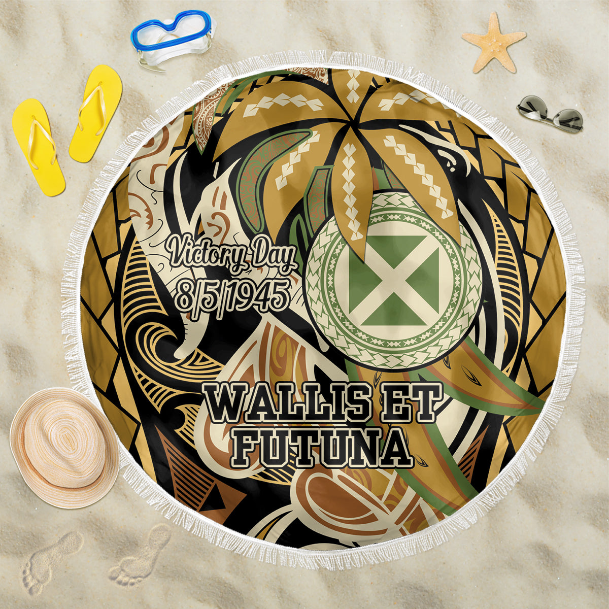 Wallis and Futuna Victory Day Beach Blanket Since 1945 with Polynesian Platinum Floral Tribal