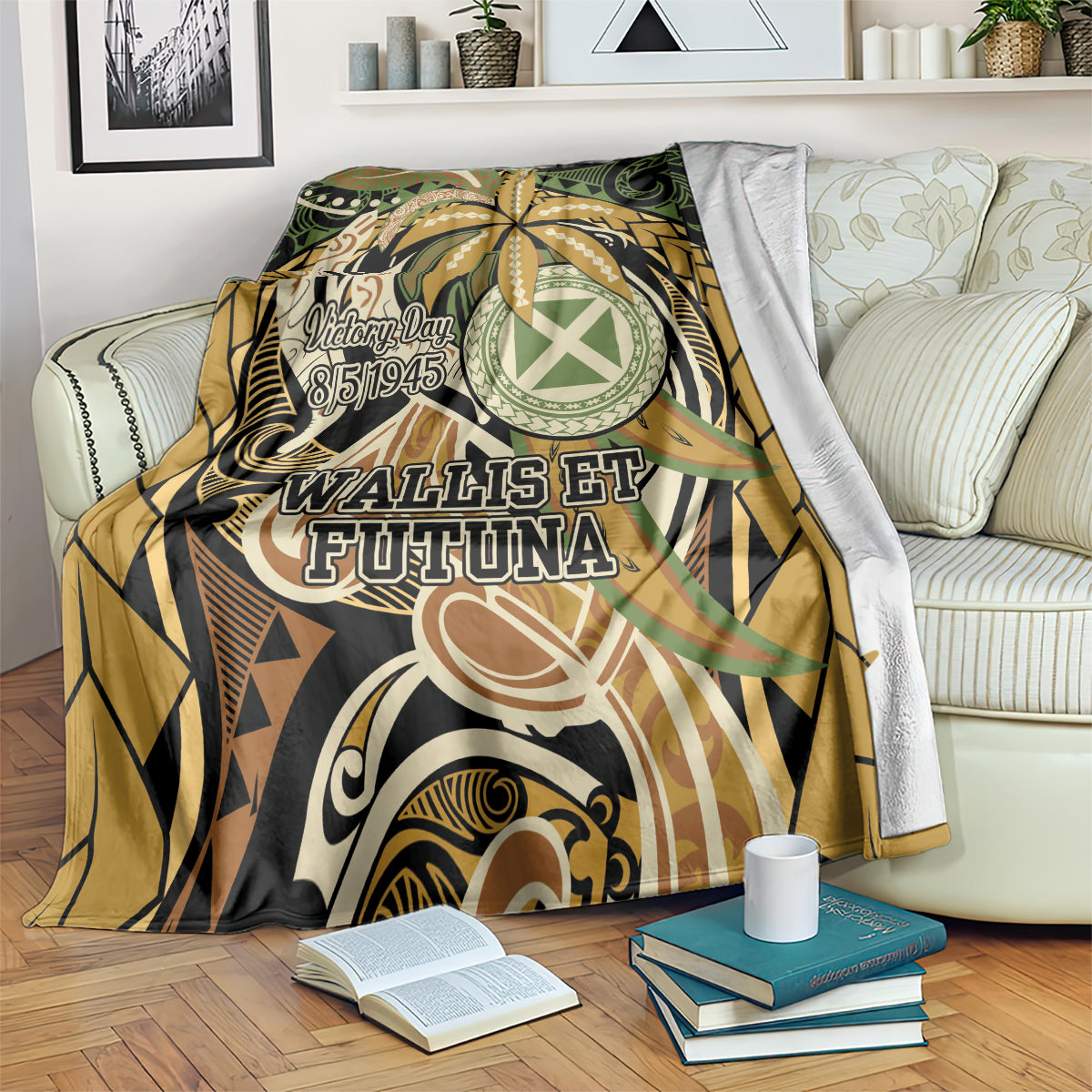 Wallis and Futuna Victory Day Blanket Since 1945 with Polynesian Platinum Floral Tribal