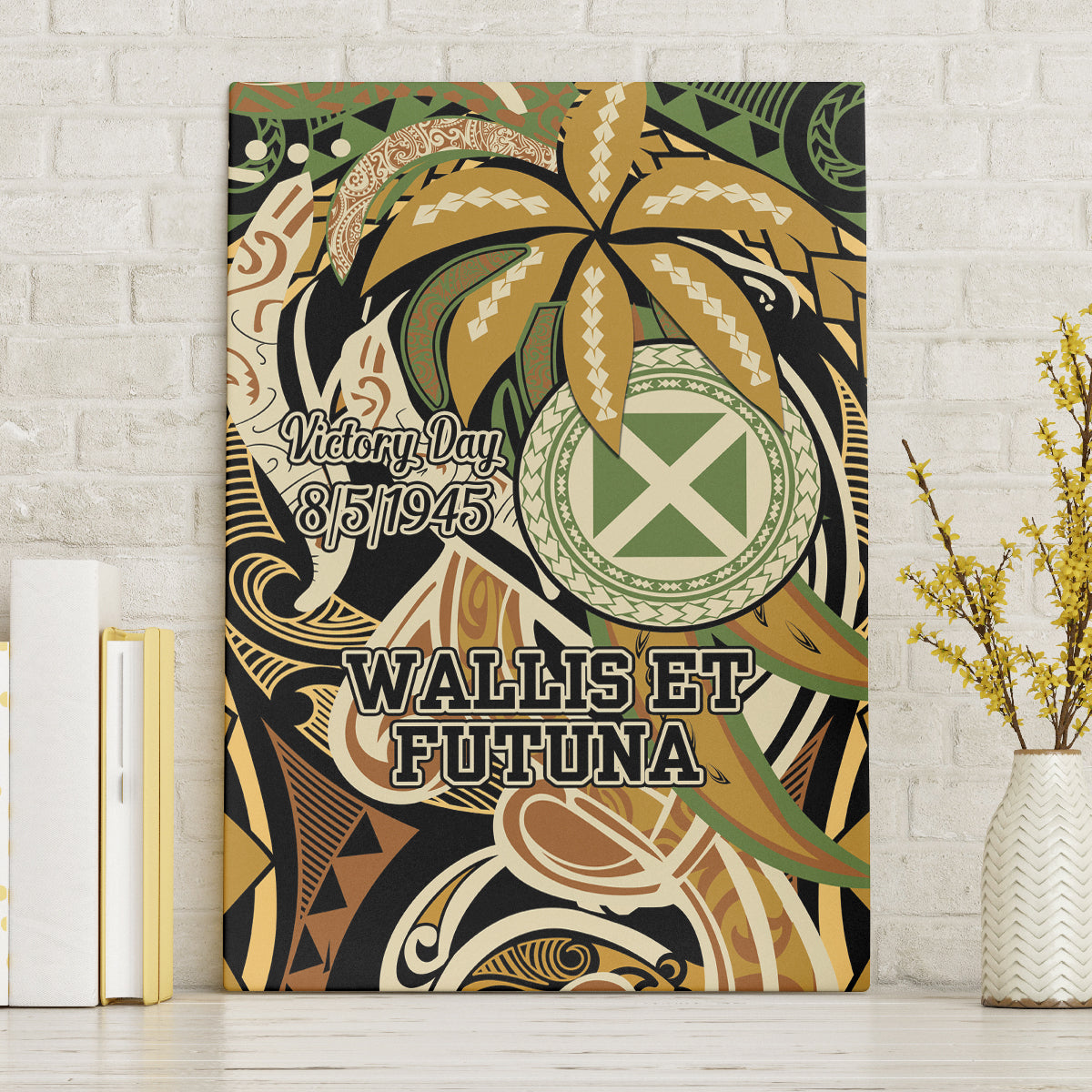Wallis and Futuna Victory Day Canvas Wall Art Since 1945 with Polynesian Platinum Floral Tribal