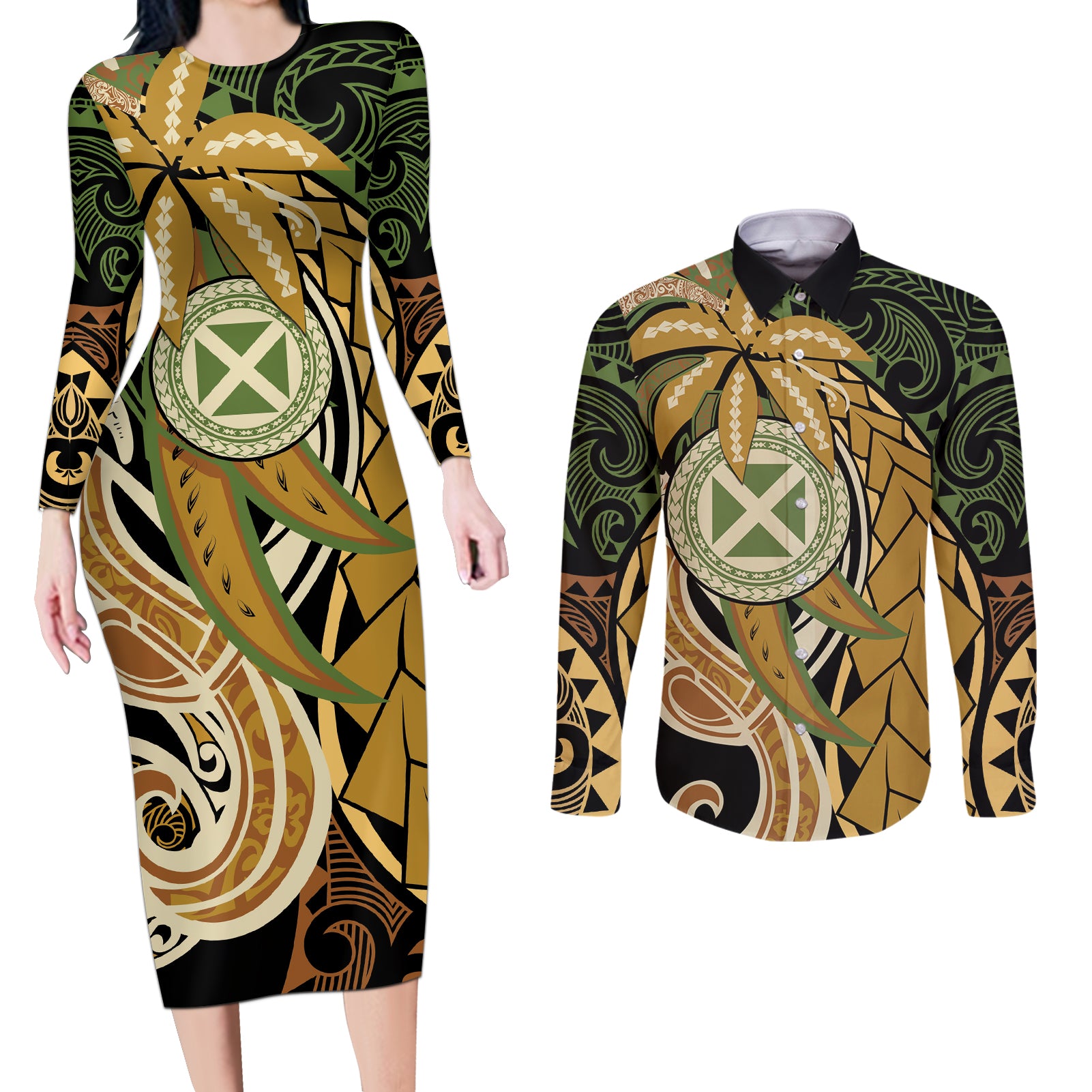 Wallis and Futuna Victory Day Couples Matching Long Sleeve Bodycon Dress and Long Sleeve Button Shirt Since 1945 with Polynesian Platinum Floral Tribal