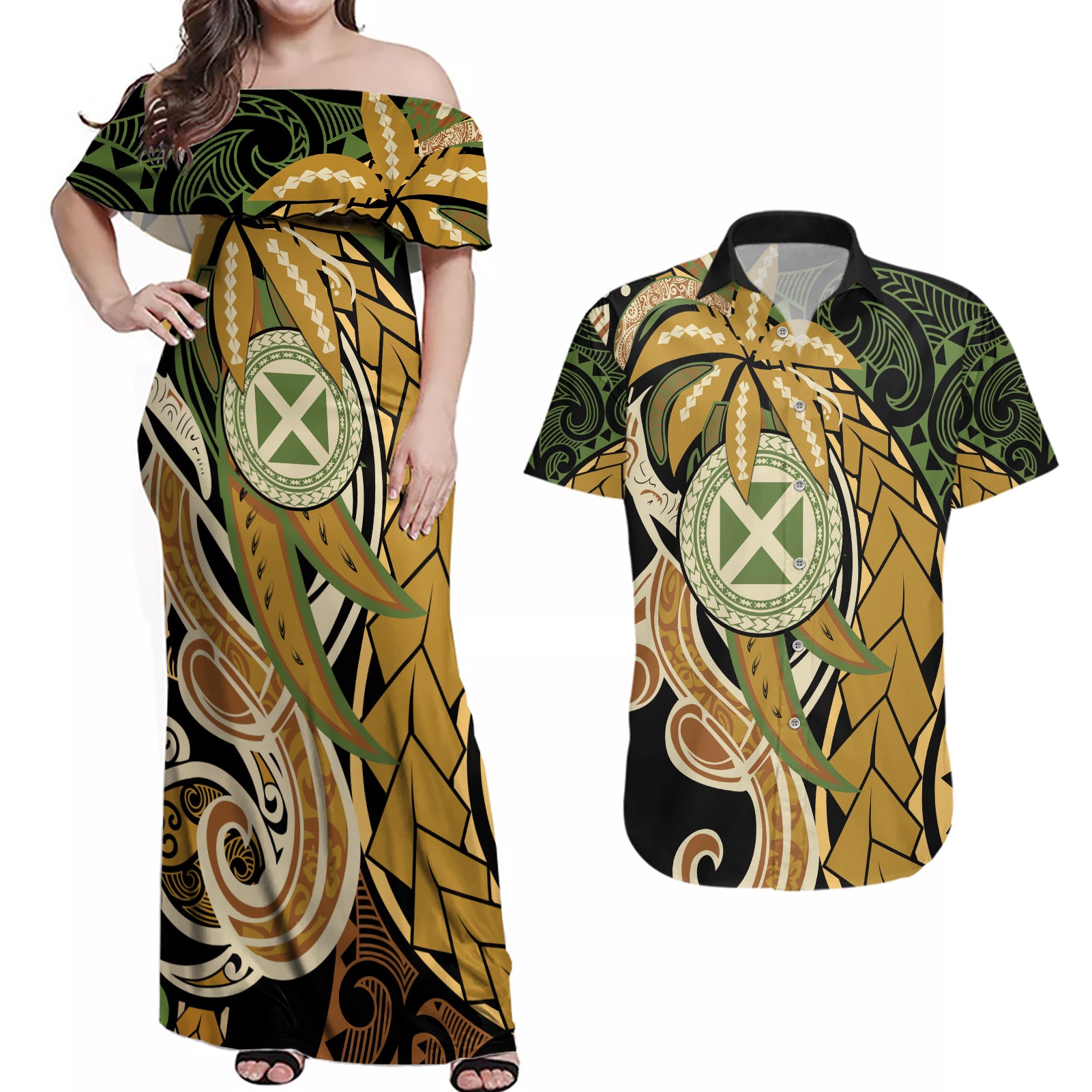 Wallis and Futuna Victory Day Couples Matching Off Shoulder Maxi Dress and Hawaiian Shirt Since 1945 with Polynesian Platinum Floral Tribal