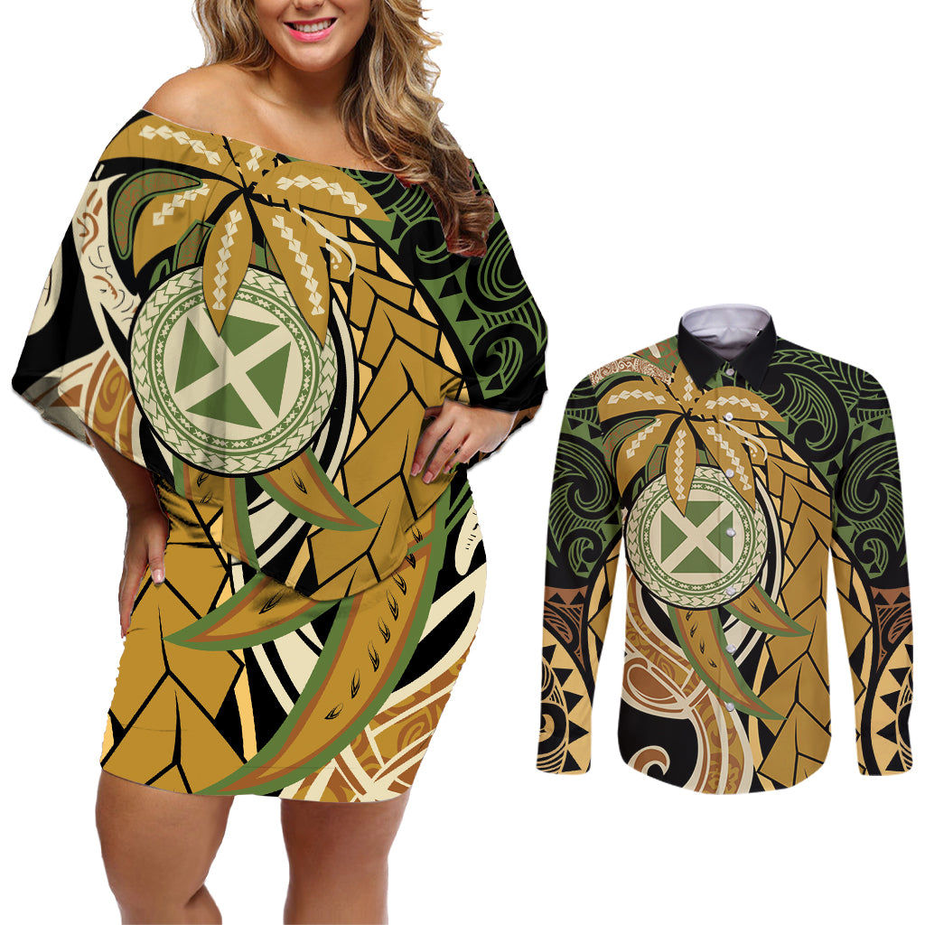 Wallis and Futuna Victory Day Couples Matching Off Shoulder Short Dress and Long Sleeve Button Shirt Since 1945 with Polynesian Platinum Floral Tribal