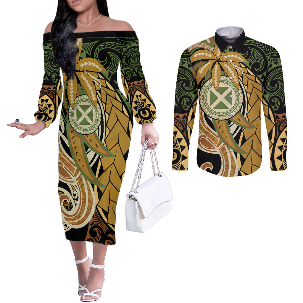 Wallis and Futuna Victory Day Couples Matching Off The Shoulder Long Sleeve Dress and Long Sleeve Button Shirt Since 1945 with Polynesian Platinum Floral Tribal