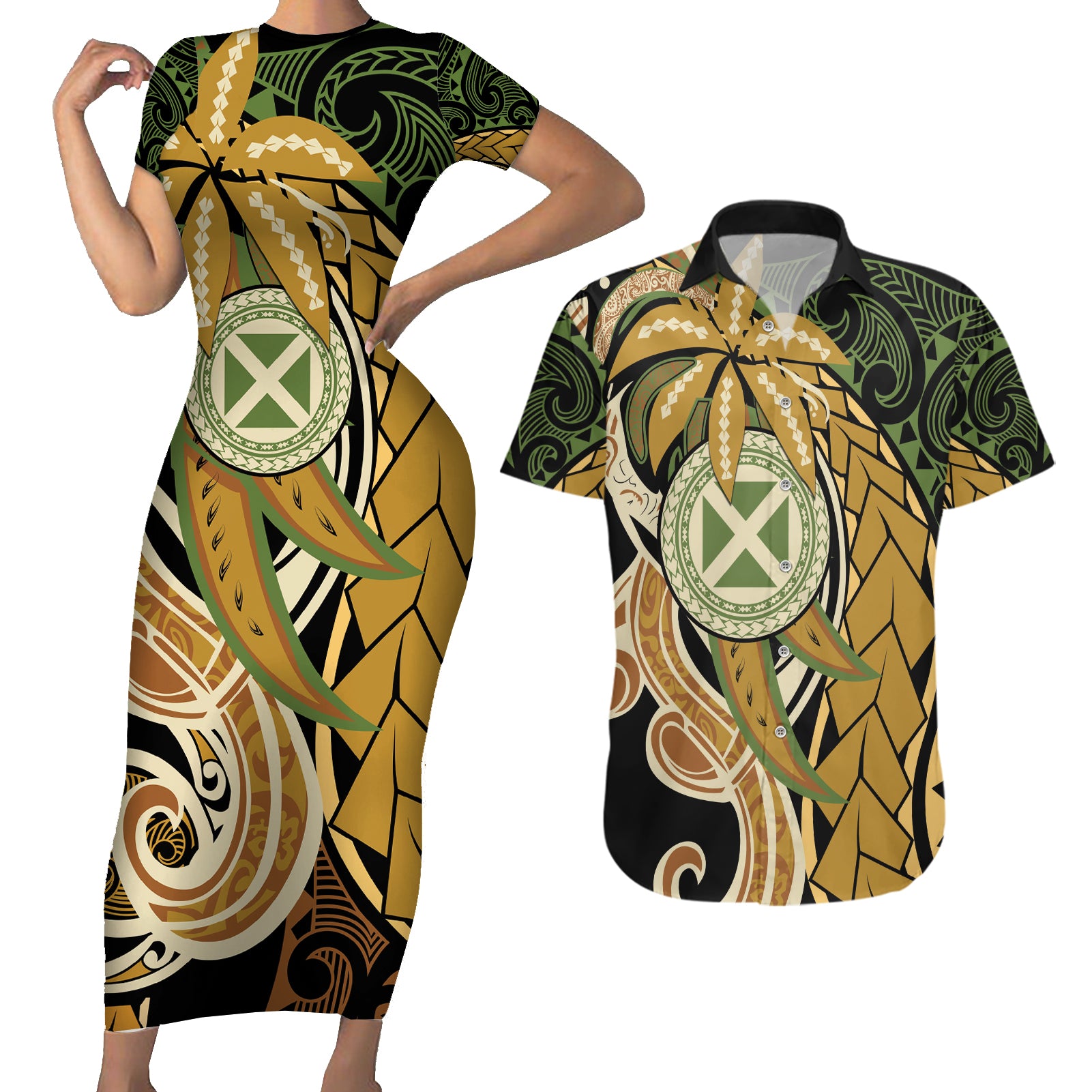 Wallis and Futuna Victory Day Couples Matching Short Sleeve Bodycon Dress and Hawaiian Shirt Since 1945 with Polynesian Platinum Floral Tribal