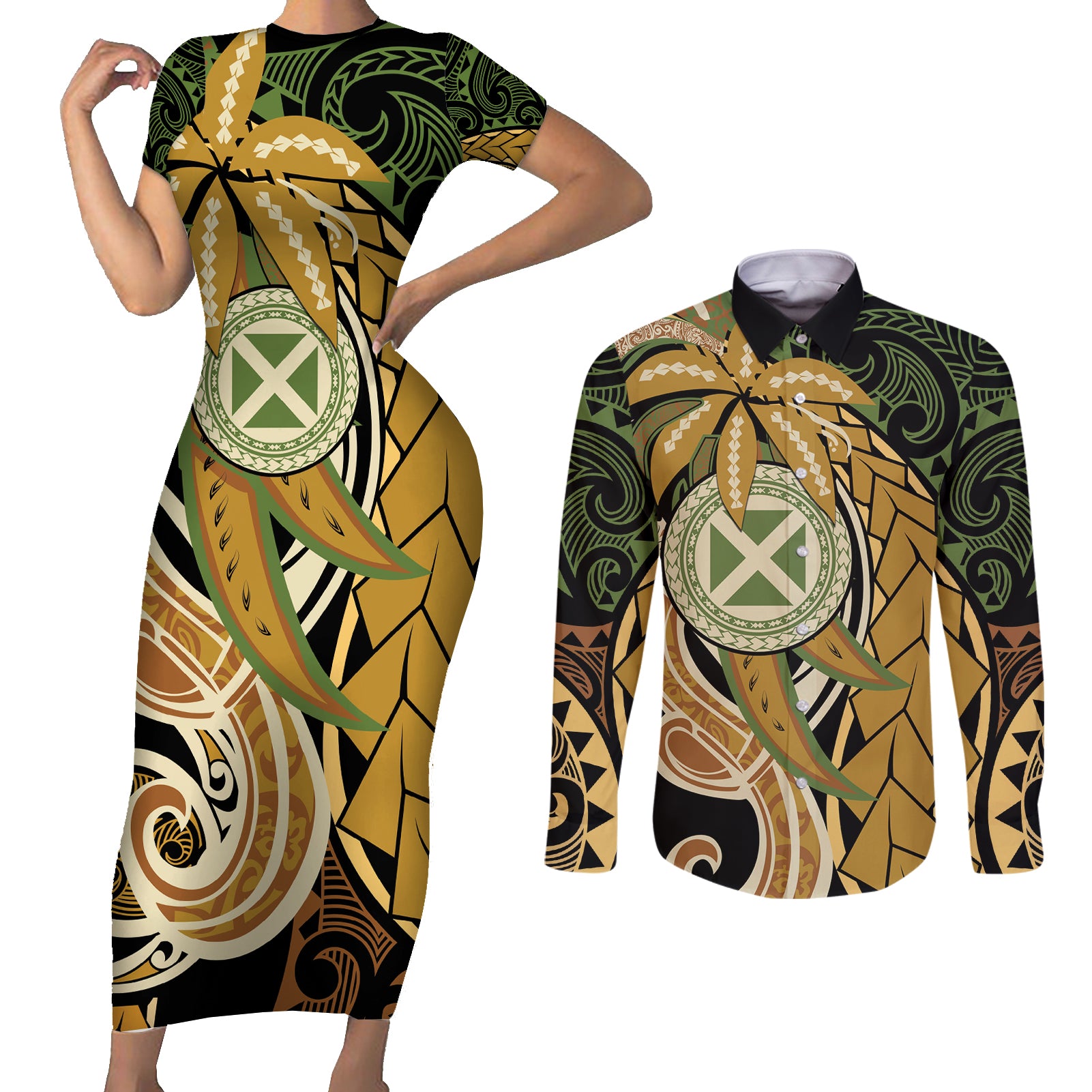 Wallis and Futuna Victory Day Couples Matching Short Sleeve Bodycon Dress and Long Sleeve Button Shirt Since 1945 with Polynesian Platinum Floral Tribal