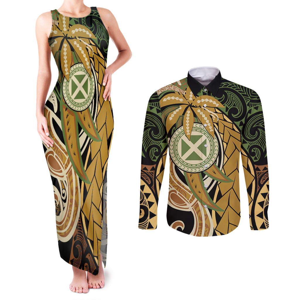 Wallis and Futuna Victory Day Couples Matching Tank Maxi Dress and Long Sleeve Button Shirt Since 1945 with Polynesian Platinum Floral Tribal