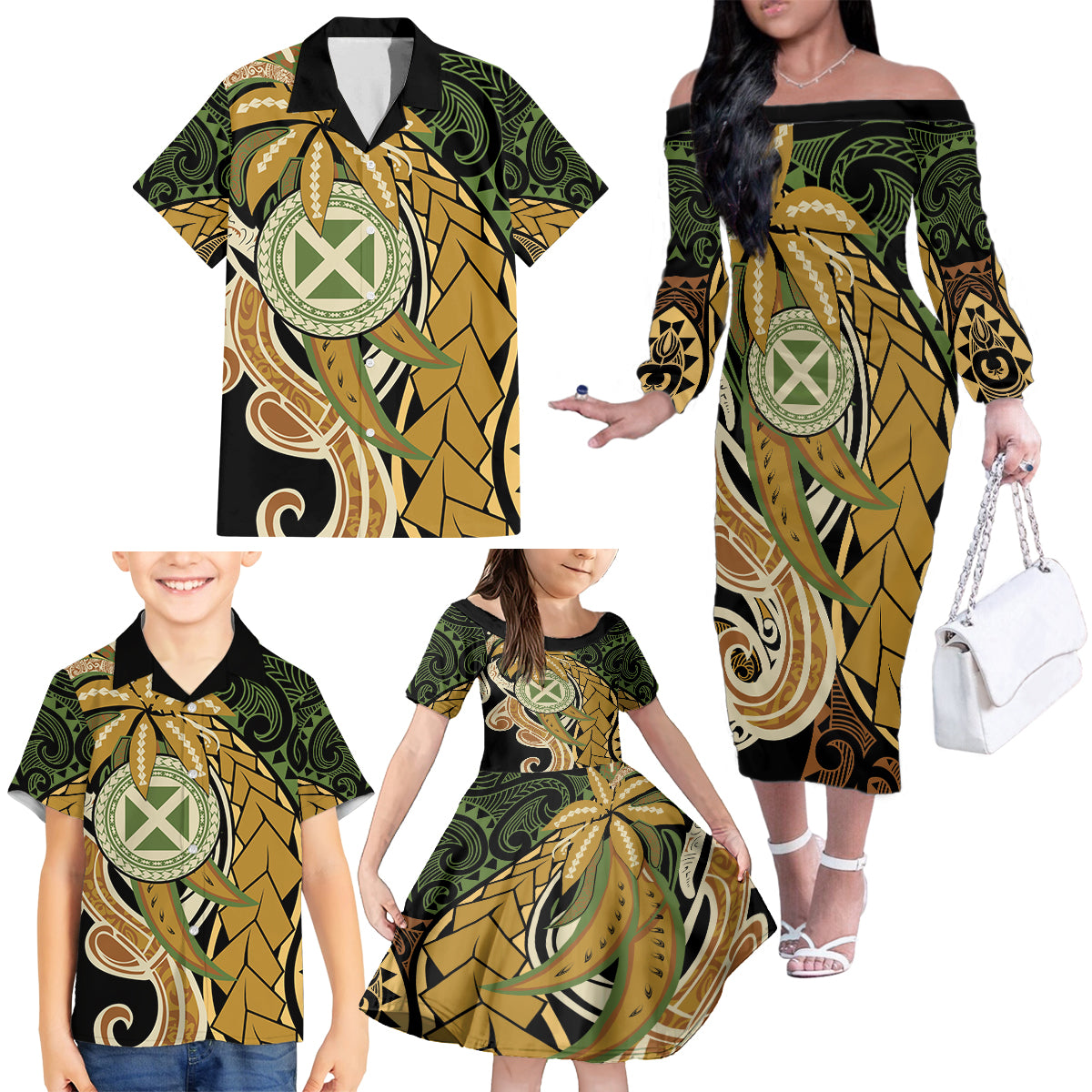 Wallis and Futuna Victory Day Family Matching Off The Shoulder Long Sleeve Dress and Hawaiian Shirt Since 1945 with Polynesian Platinum Floral Tribal
