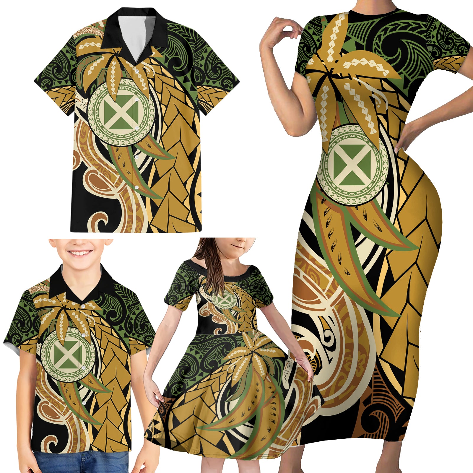 Wallis and Futuna Victory Day Family Matching Short Sleeve Bodycon Dress and Hawaiian Shirt Since 1945 with Polynesian Platinum Floral Tribal