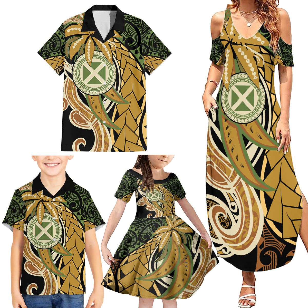 Wallis and Futuna Victory Day Family Matching Summer Maxi Dress and Hawaiian Shirt Since 1945 with Polynesian Platinum Floral Tribal