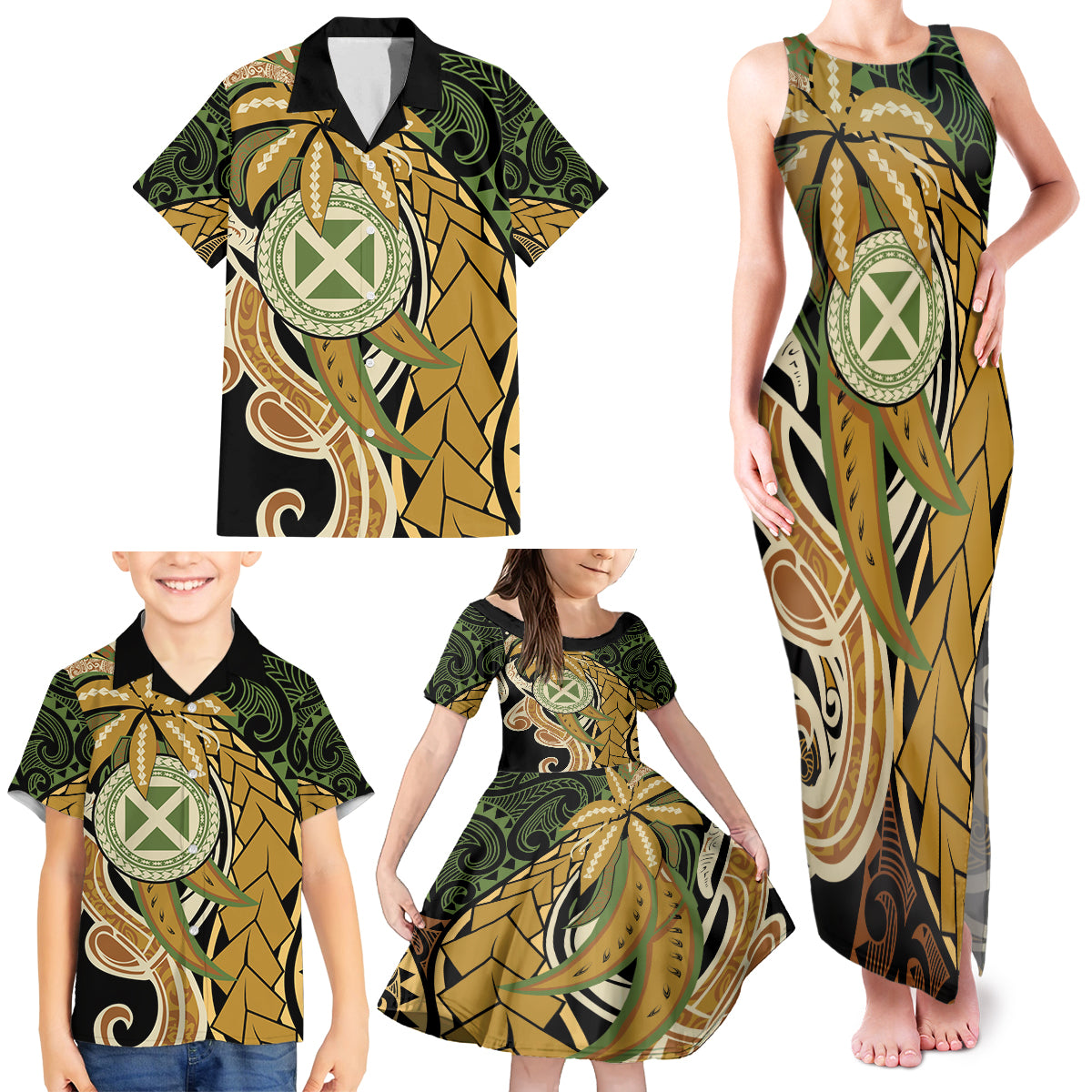 Wallis and Futuna Victory Day Family Matching Tank Maxi Dress and Hawaiian Shirt Since 1945 with Polynesian Platinum Floral Tribal