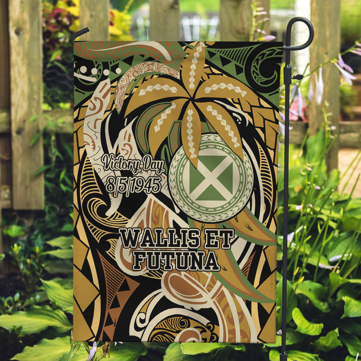 Wallis and Futuna Victory Day Garden Flag Since 1945 with Polynesian Platinum Floral Tribal
