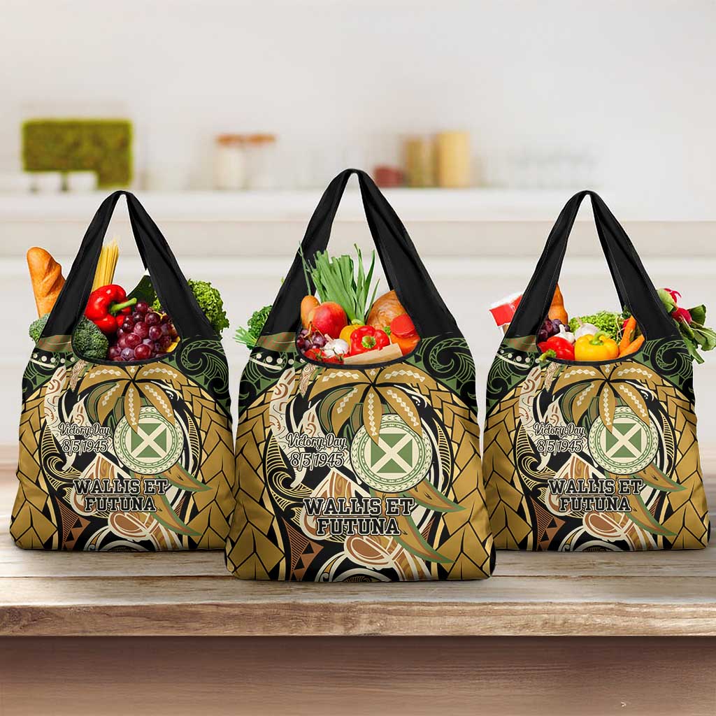 Wallis and Futuna Victory Day Grocery Bag Since 1945 with Polynesian Platinum Floral Tribal