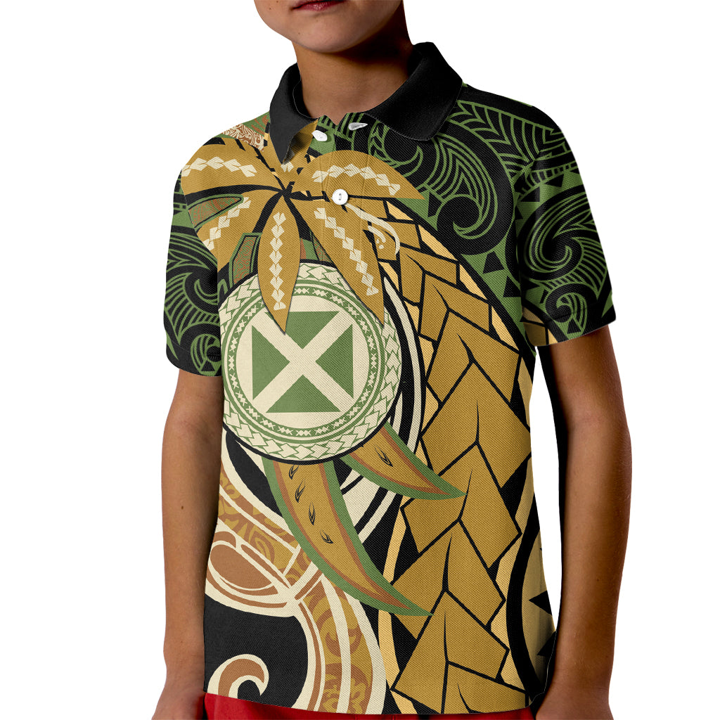 Wallis and Futuna Victory Day Kid Polo Shirt Since 1945 with Polynesian Platinum Floral Tribal