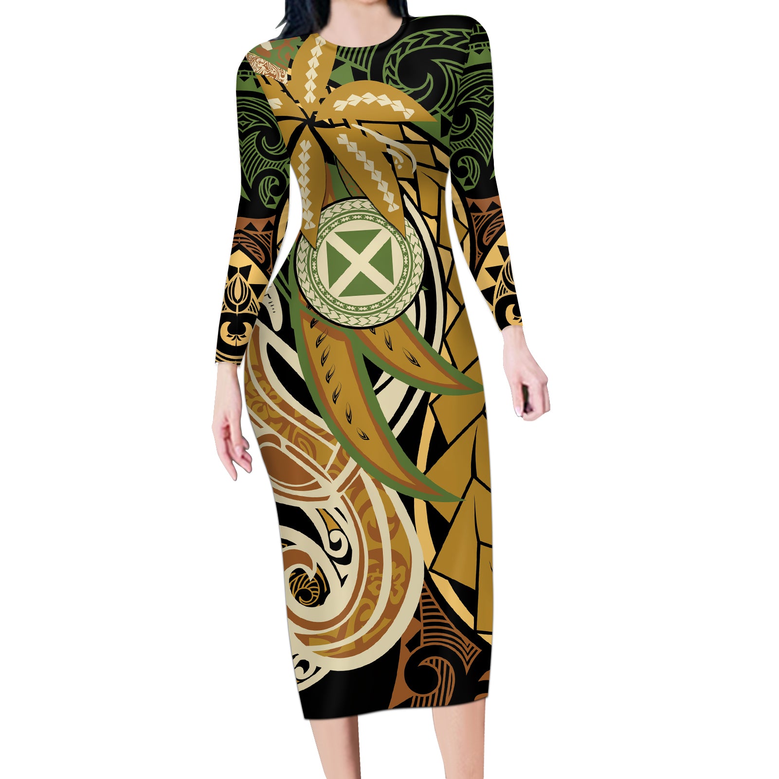 Wallis and Futuna Victory Day Long Sleeve Bodycon Dress Since 1945 with Polynesian Platinum Floral Tribal