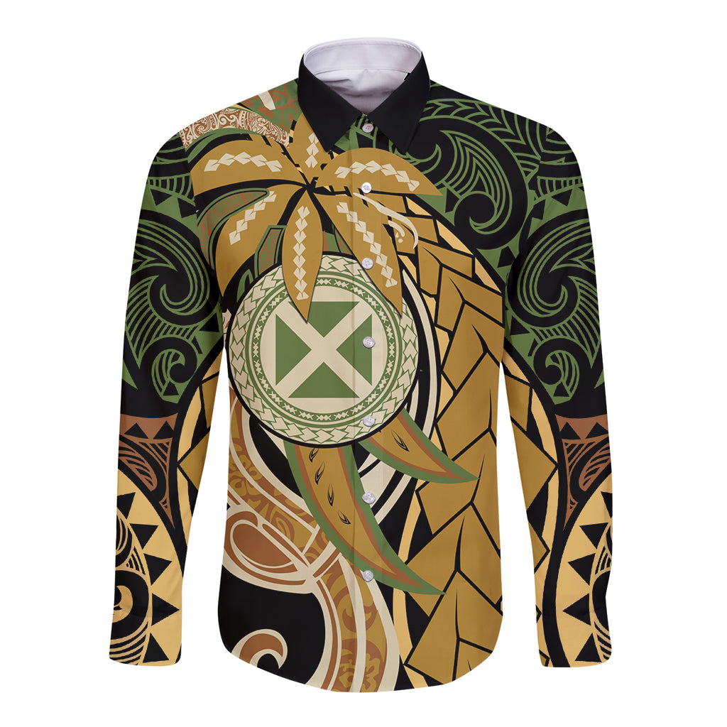 Wallis and Futuna Victory Day Long Sleeve Button Shirt Since 1945 with Polynesian Platinum Floral Tribal