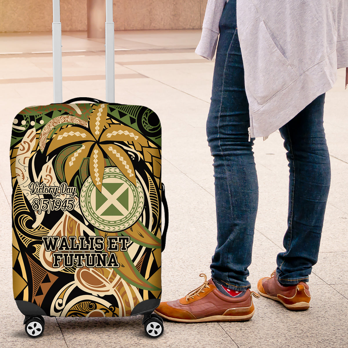 Wallis and Futuna Victory Day Luggage Cover Since 1945 with Polynesian Platinum Floral Tribal