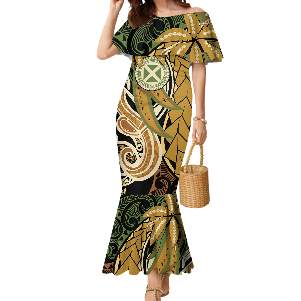 Wallis and Futuna Victory Day Mermaid Dress Since 1945 with Polynesian Platinum Floral Tribal