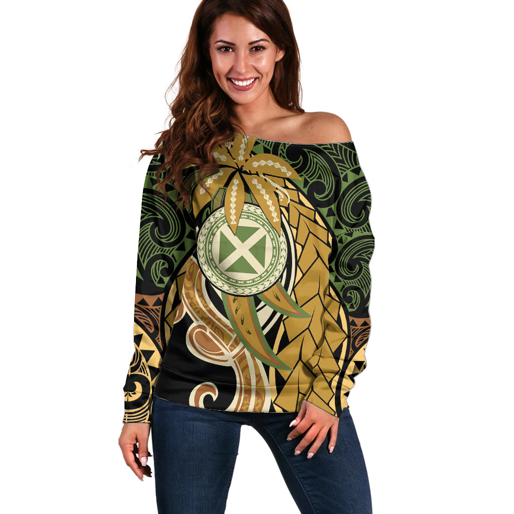 Wallis and Futuna Victory Day Off Shoulder Sweater Since 1945 with Polynesian Platinum Floral Tribal