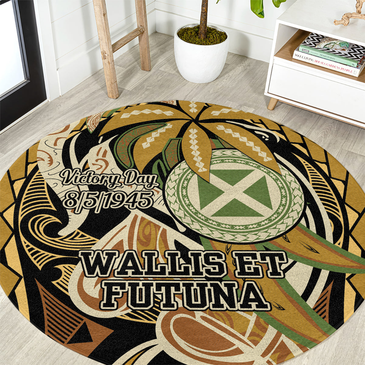 Wallis and Futuna Victory Day Round Carpet Since 1945 with Polynesian Platinum Floral Tribal