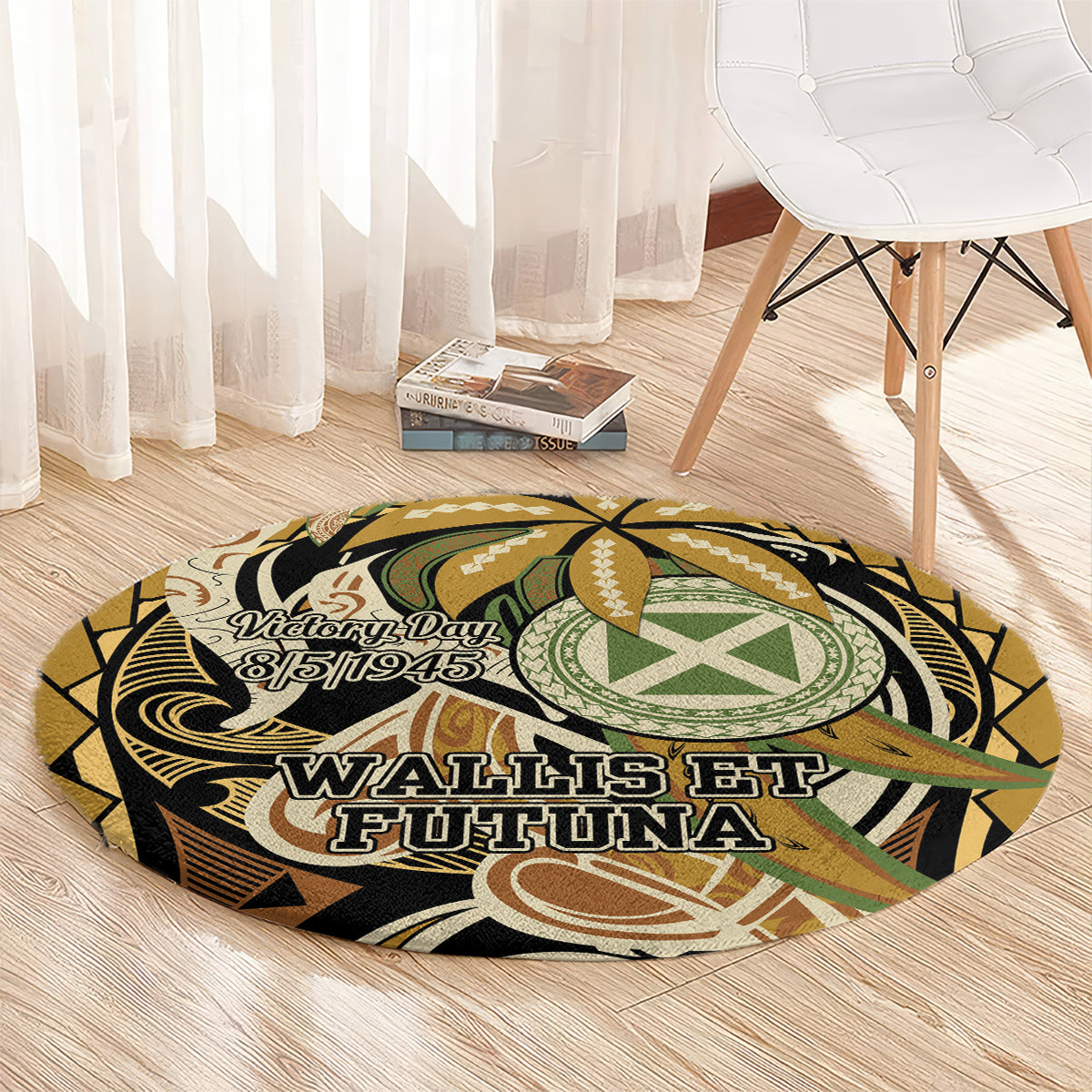 Wallis and Futuna Victory Day Round Carpet Since 1945 with Polynesian Platinum Floral Tribal