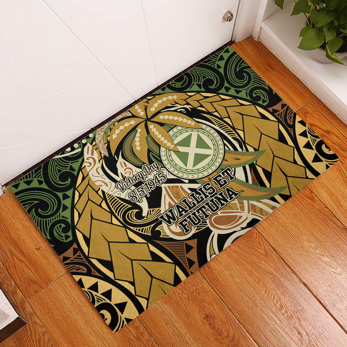 Wallis and Futuna Victory Day Rubber Doormat Since 1945 with Polynesian Platinum Floral Tribal