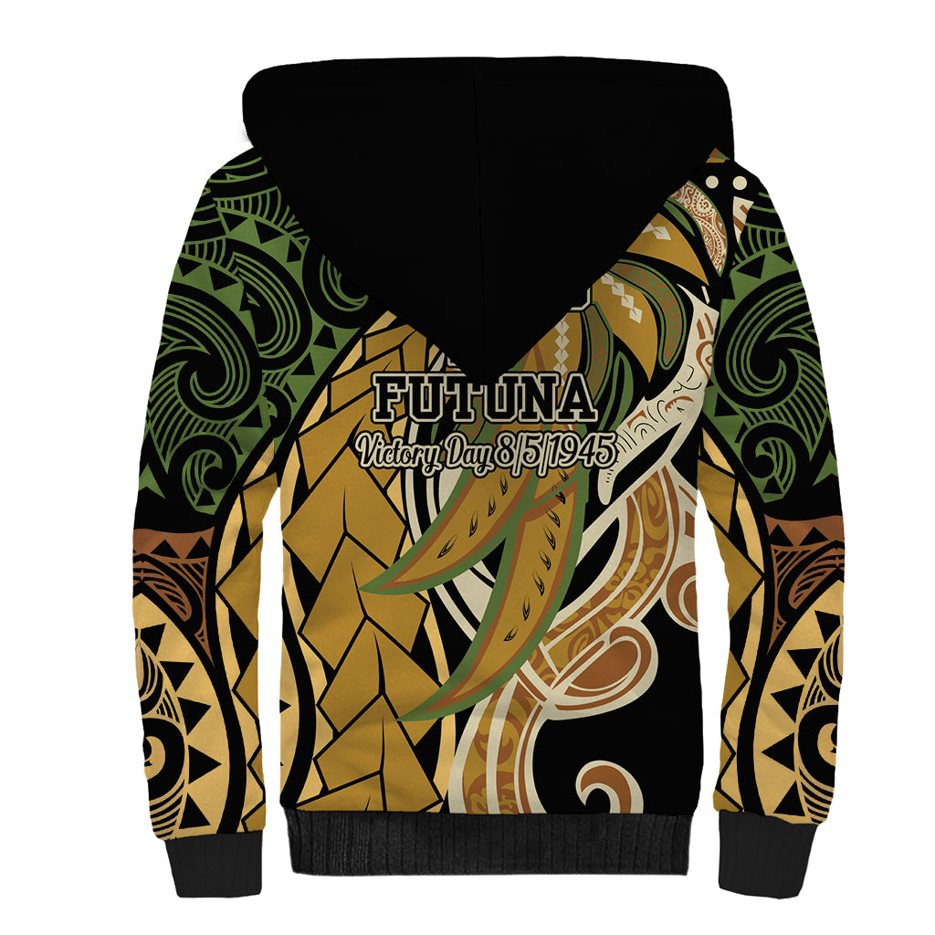 Wallis and Futuna Victory Day Sherpa Hoodie Since 1945 with Polynesian Platinum Floral Tribal
