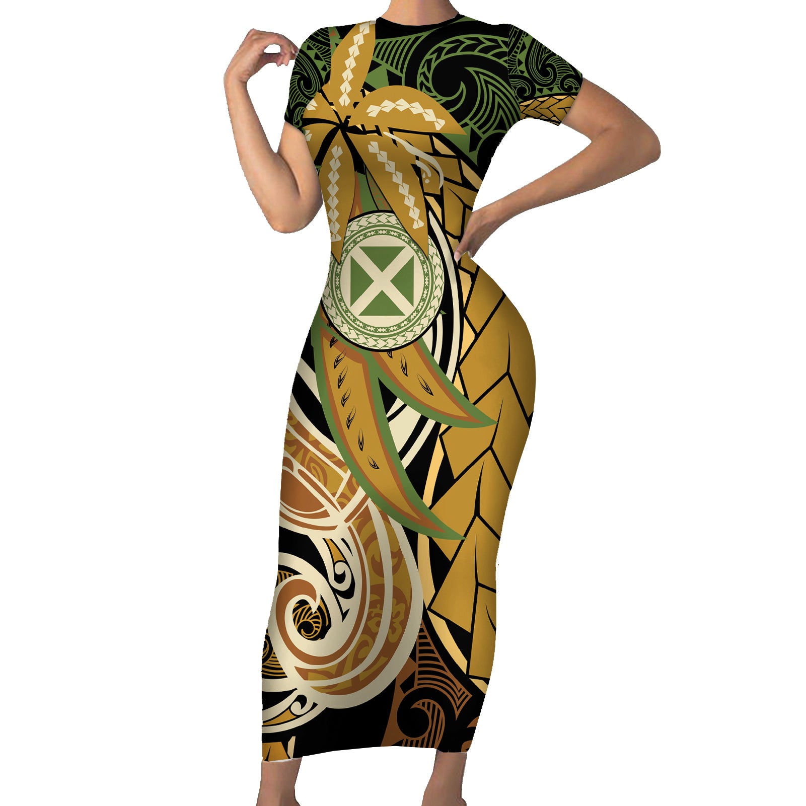 Wallis and Futuna Victory Day Short Sleeve Bodycon Dress Since 1945 with Polynesian Platinum Floral Tribal