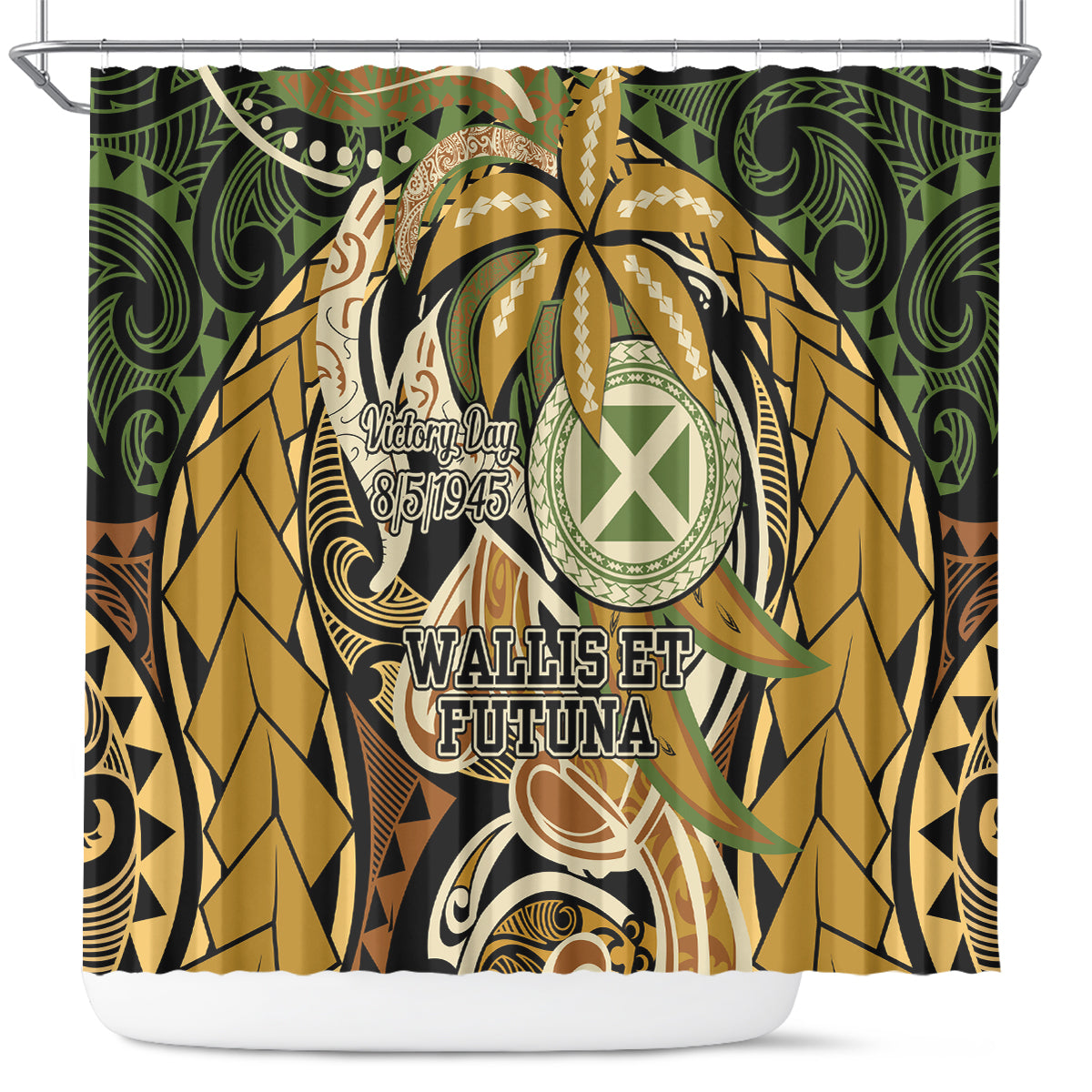 Wallis and Futuna Victory Day Shower Curtain Since 1945 with Polynesian Platinum Floral Tribal