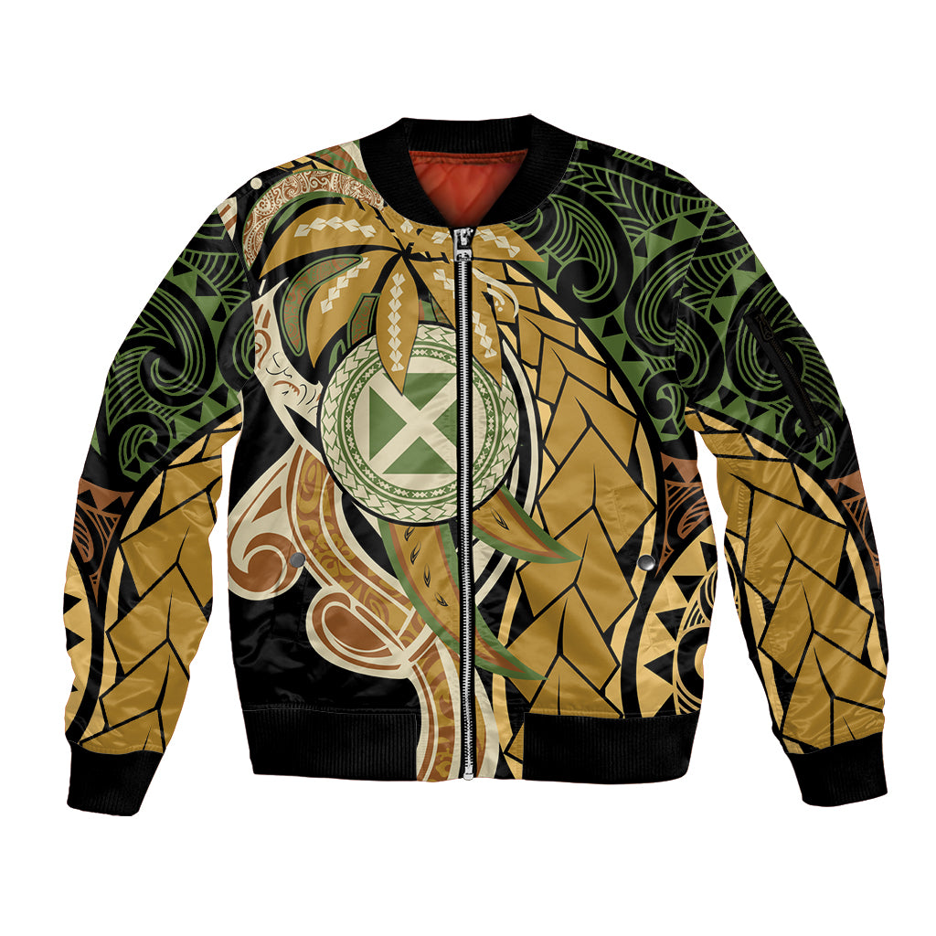 Wallis and Futuna Victory Day Sleeve Zip Bomber Jacket Since 1945 with Polynesian Platinum Floral Tribal
