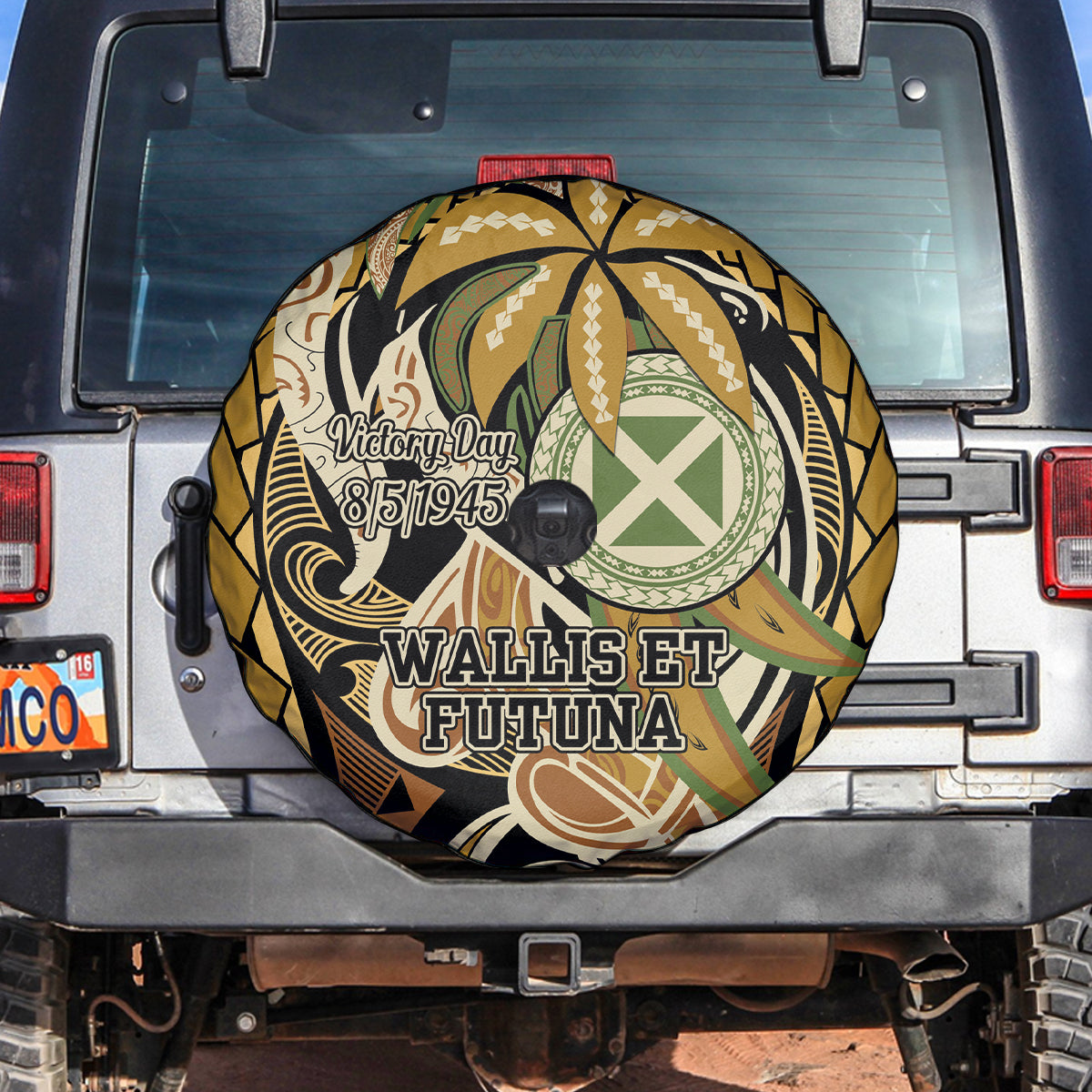 Wallis and Futuna Victory Day Spare Tire Cover Since 1945 with Polynesian Platinum Floral Tribal