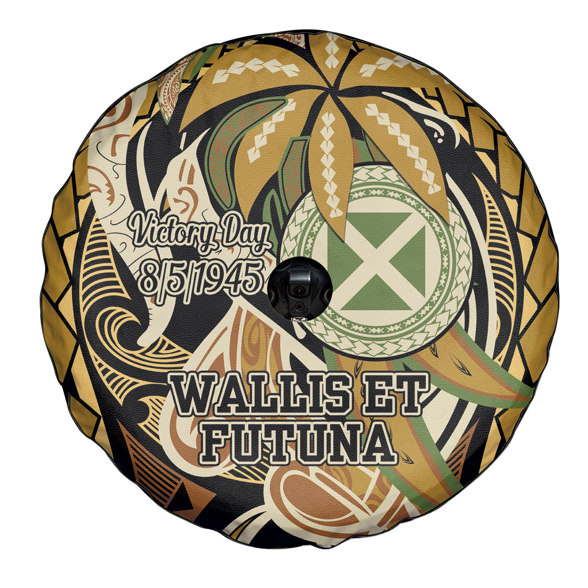 Wallis and Futuna Victory Day Spare Tire Cover Since 1945 with Polynesian Platinum Floral Tribal