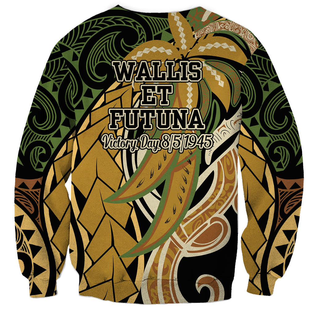 Wallis and Futuna Victory Day Sweatshirt Since 1945 with Polynesian Platinum Floral Tribal